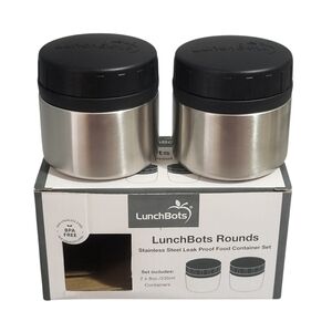 LunchBots 2-Pc 8 Oz Rounds Leak Proof Stainless Steel Container Jars Black Lids
